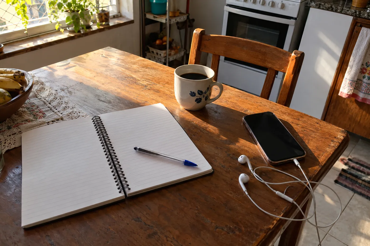 Caderno aberto na mesa da cozinha com café e celular
